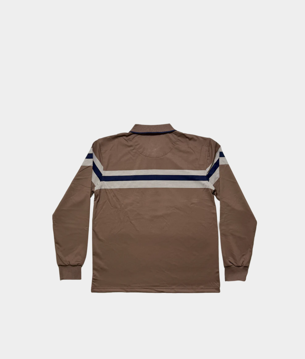 Men’s Khaki Long Sleeve Polo – Smart Casual Golfer with Chest Stripe