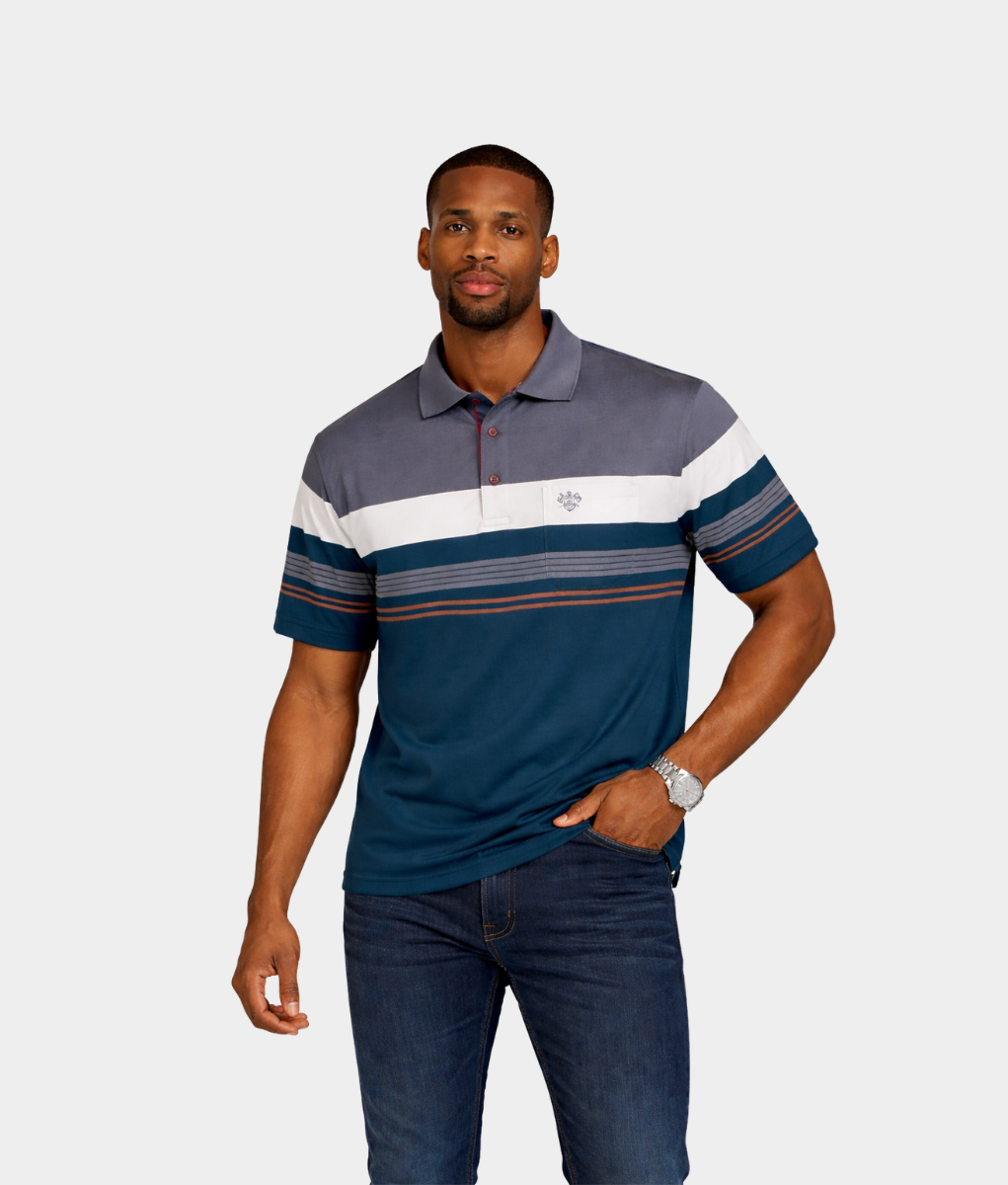 Men’s Striped Golfer – Charcoal Teal White Casual Polo Shirt