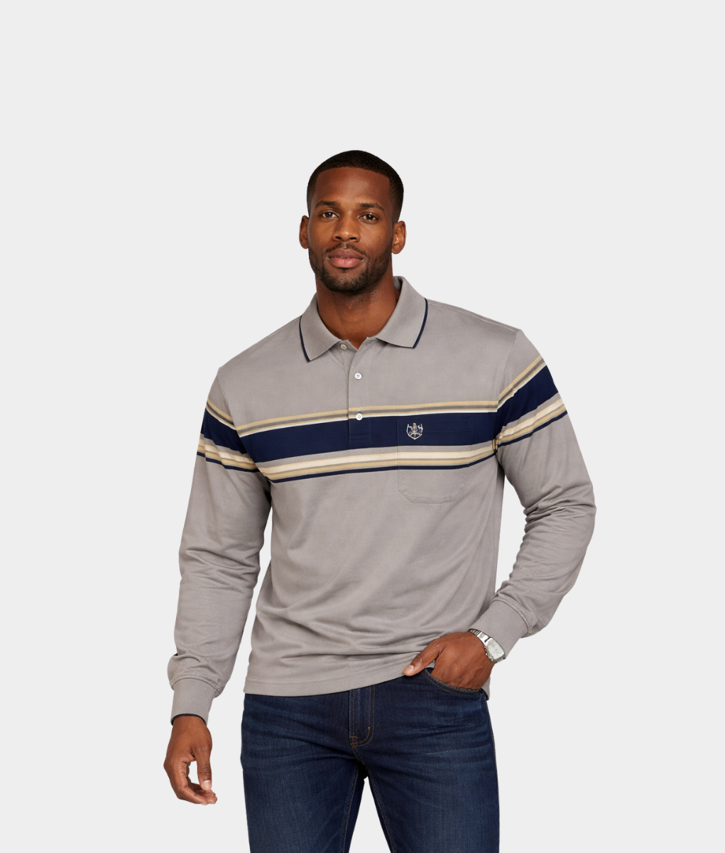 Men’s Grey Long Sleeve Polo – Smart Casual Golfer with Chest Stripe