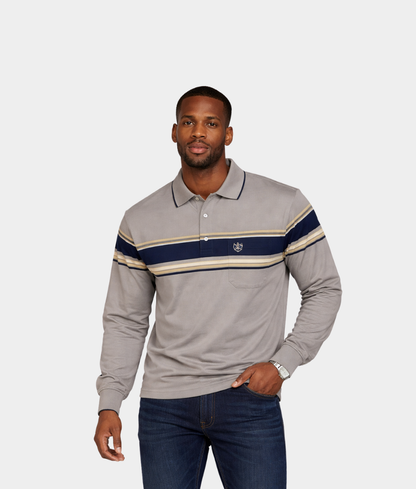 Men’s Grey Long Sleeve Polo – Smart Casual Golfer with Chest Stripe