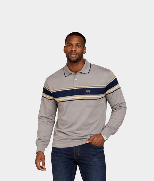 Men’s Grey Long Sleeve Polo – Smart Casual Golfer with Chest Stripe