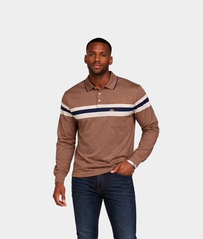 Men’s Khaki Long Sleeve Polo – Smart Casual Golfer with Chest Stripe
