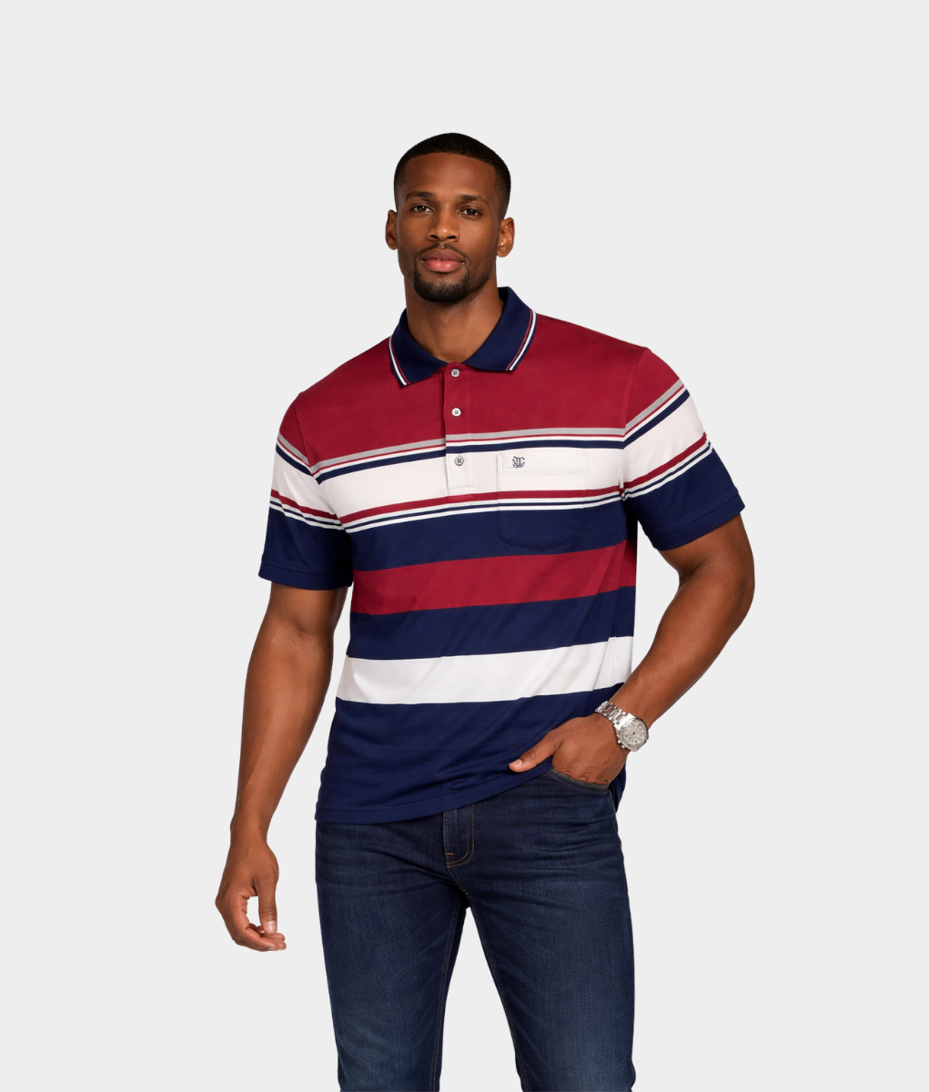 Men’s Striped Golfer – Red Navy White Casual Polo Shirt