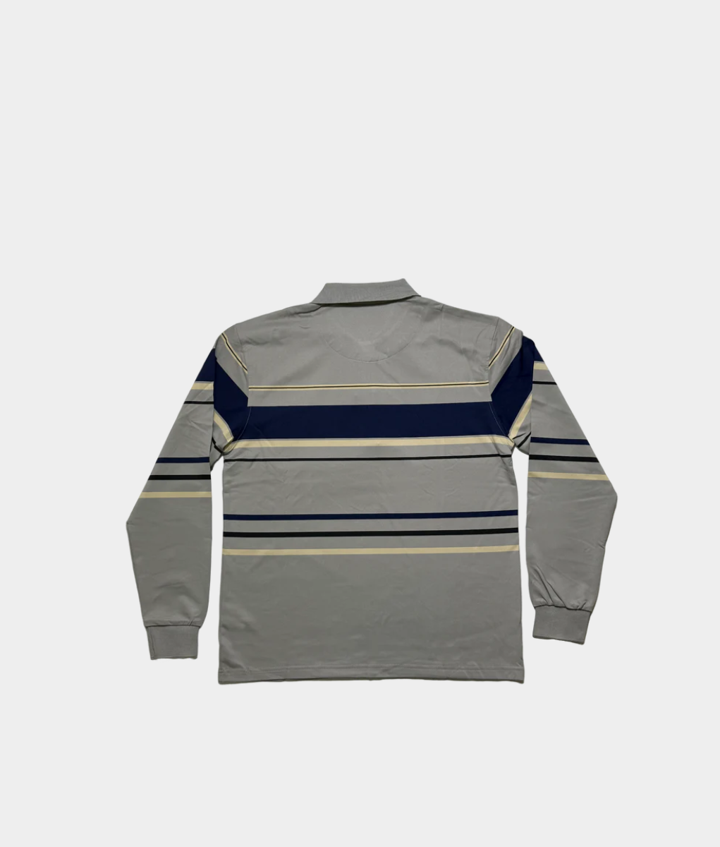 Men’s Grey Long Sleeve Polo – Smart Casual Golfer with Chest Stripe