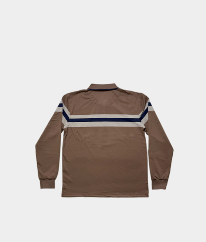 Men’s Khaki Long Sleeve Polo – Smart Casual Golfer with Chest Stripe
