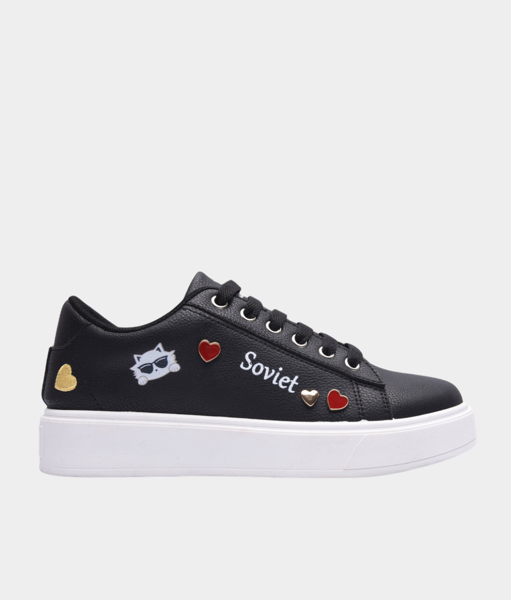 Soviet Aria Ladies Platform Sneaker – Black | Heart Detail