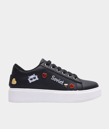 Soviet Aria Ladies Platform Sneaker – Black | Heart Detail