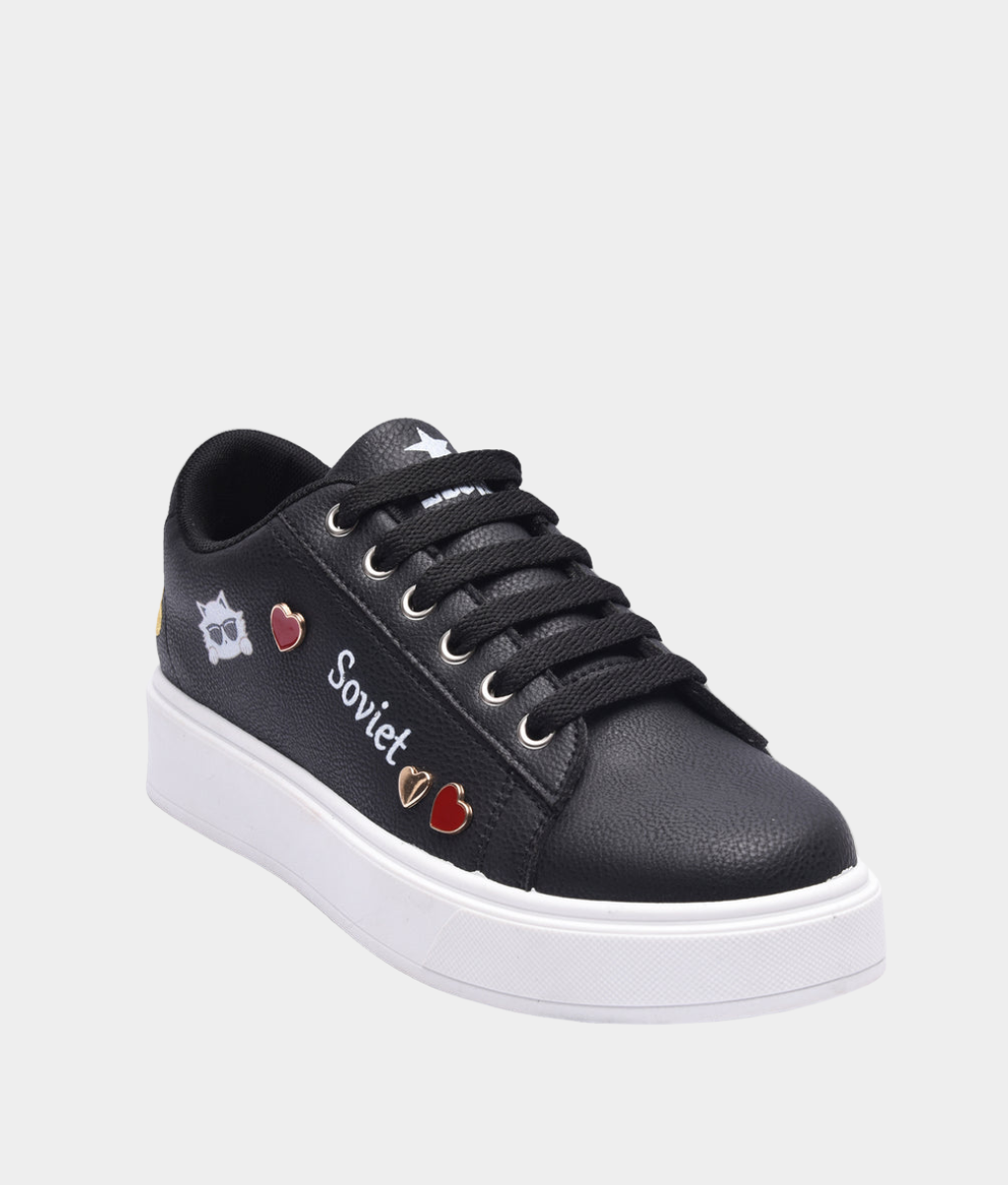 Soviet Aria Ladies Platform Sneaker – Black | Heart Detail