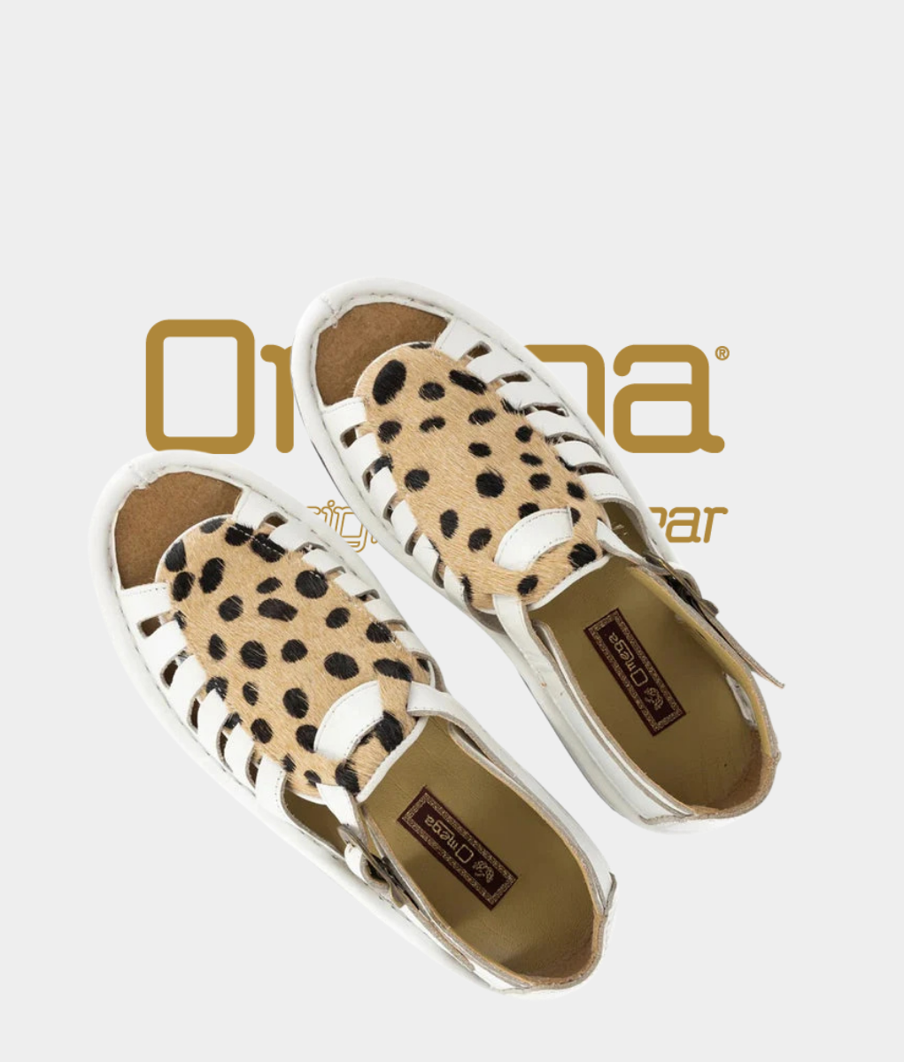 Omega Kgosi Leather Sandal – White with Cheetah Print | Unisex Genuine Leather