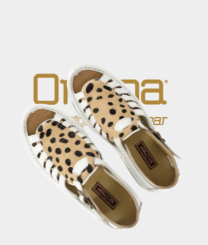 Omega Kgosi Leather Sandal – White with Cheetah Print | Unisex Genuine Leather