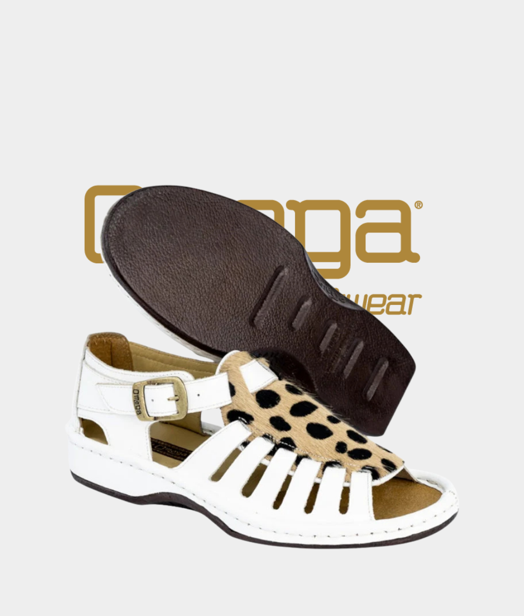 Omega Kgosi Leather Sandal – White with Cheetah Print | Unisex Genuine Leather
