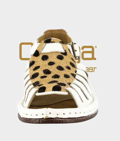 Omega Kgosi Leather Sandal – White with Cheetah Print | Unisex Genuine Leather