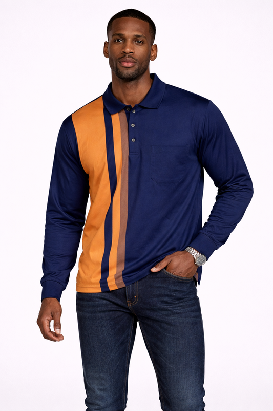 Men’s Navy Long Sleeve Polo – Smart Casual Golfer with Chest Stripe