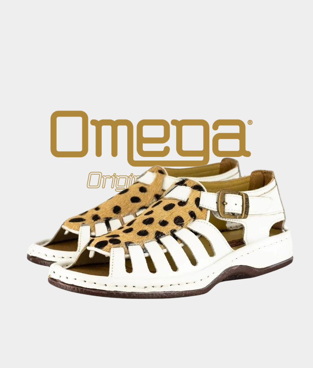 Omega Kgosi Leather Sandal – White with Cheetah Print | Unisex Genuine Leather