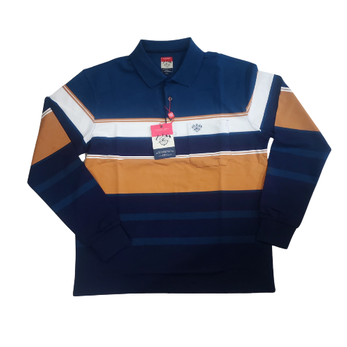 KG Men’s Long Sleeve Golf Shirt – Navy/White/Mustard Striped Smart Casual Polo South Africa